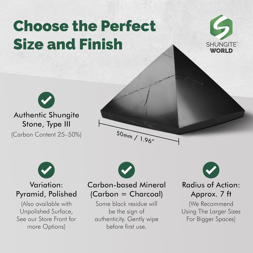 Authentic Shungite Pyramid Polished 50 Mm / 1.96" Chakra Energy Natural Healing Crystal Real Black Pyramid Home Office Protection Desk Decor Meditation Reiki Grounding Stone