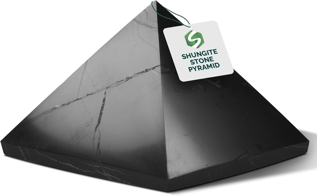 Authentic Shungite Pyramid Polished 50 Mm / 1.96" Chakra Energy Natural Healing Crystal Real Black Pyramid Home Office Protection Desk Decor Meditation Reiki Grounding Stone